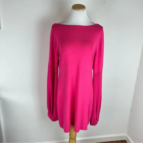 Free People Hot Barbie Pink Sweater Ribbed Dress Slouchy Bubble Sleeves Size S - Picture 1 of 5